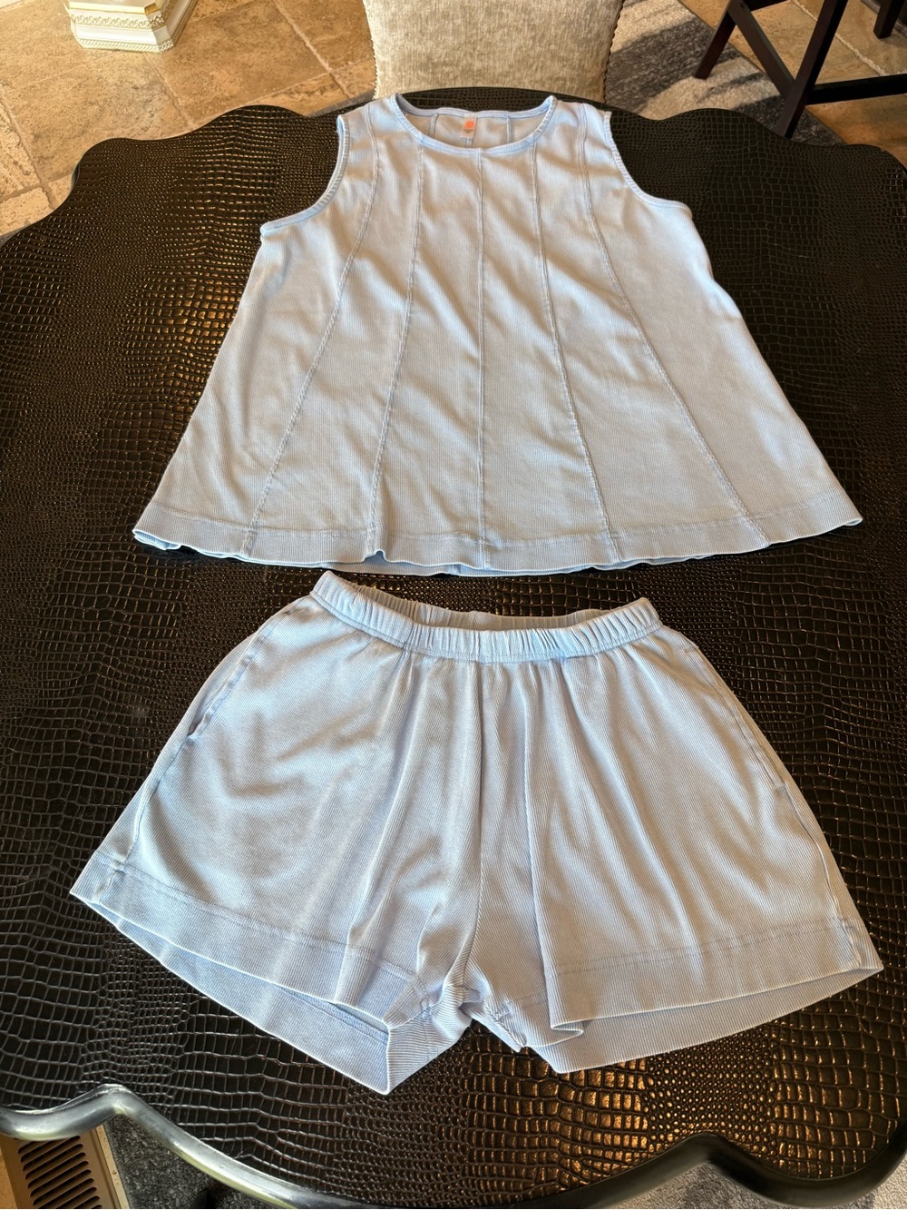 Light Blue Women's Knit Top and Short Set- Casual Elastic Waist